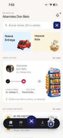 BimboNecta dashboard with delivery, route history and current store visit