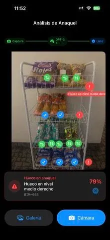 BimboNecta shelf analysis screen with product markers and a gap alert
